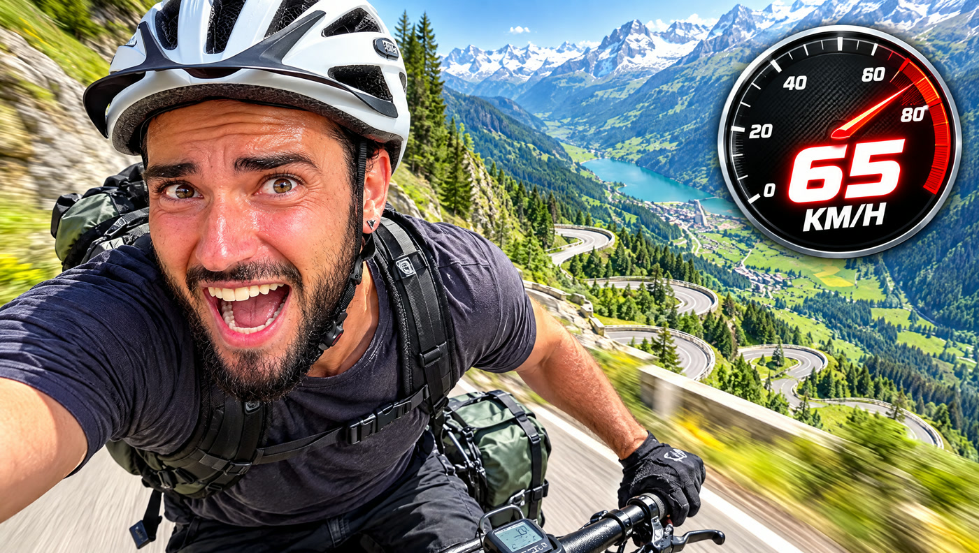 Thumbnail design: a cyclist shouting as he speeds down an Alpine pass, next to a speedometer at 65 km/h